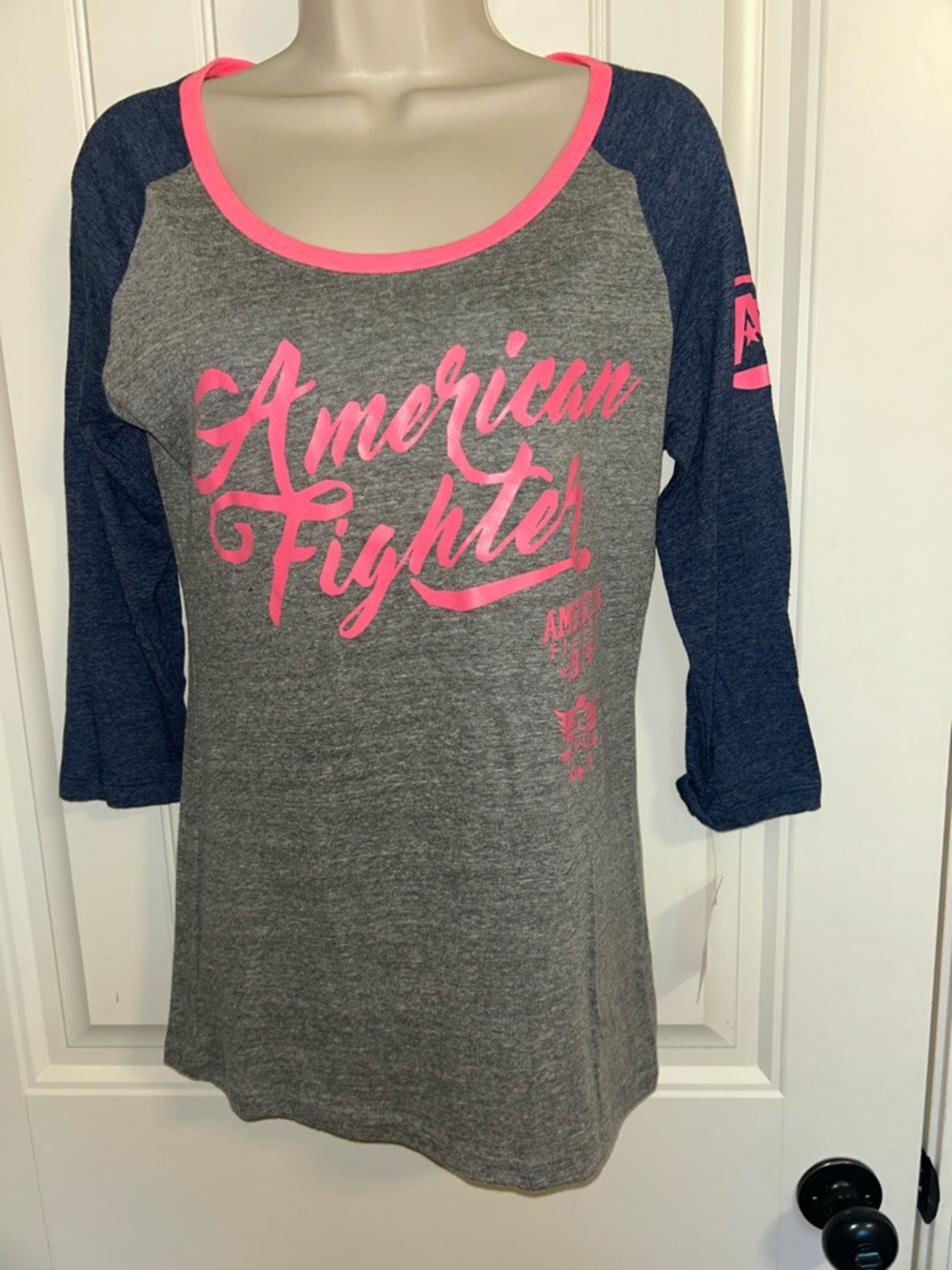 NWT American Fighter Women's Grey & Navy Raglan Top with Pink Logo Sz M